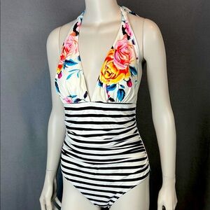 Ruched sides for a Flattering Tummy Floral and Striped women’s Swimsuit. Cute!